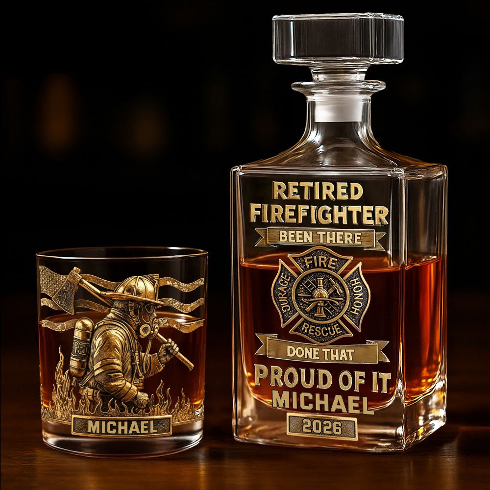 Proud Retired Firefighter - Personalized Firefighter Whiskey Decanter Set