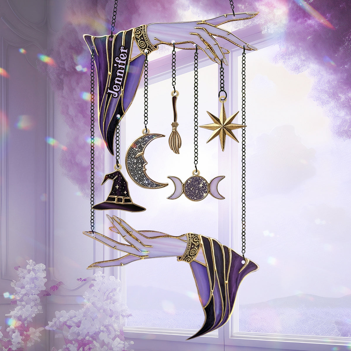 Magical Witch Hands - Personalized Witch Window Hanging Suncatcher With Charms