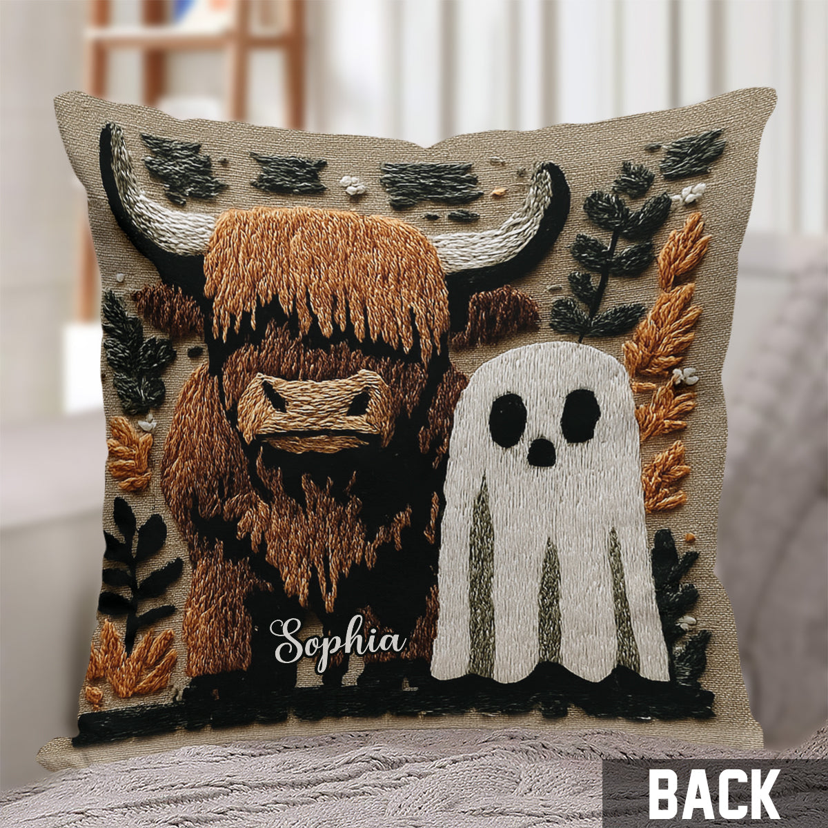 Spooky Highland Cow Ghost - Personalized Highland Cow Throw Pillow
