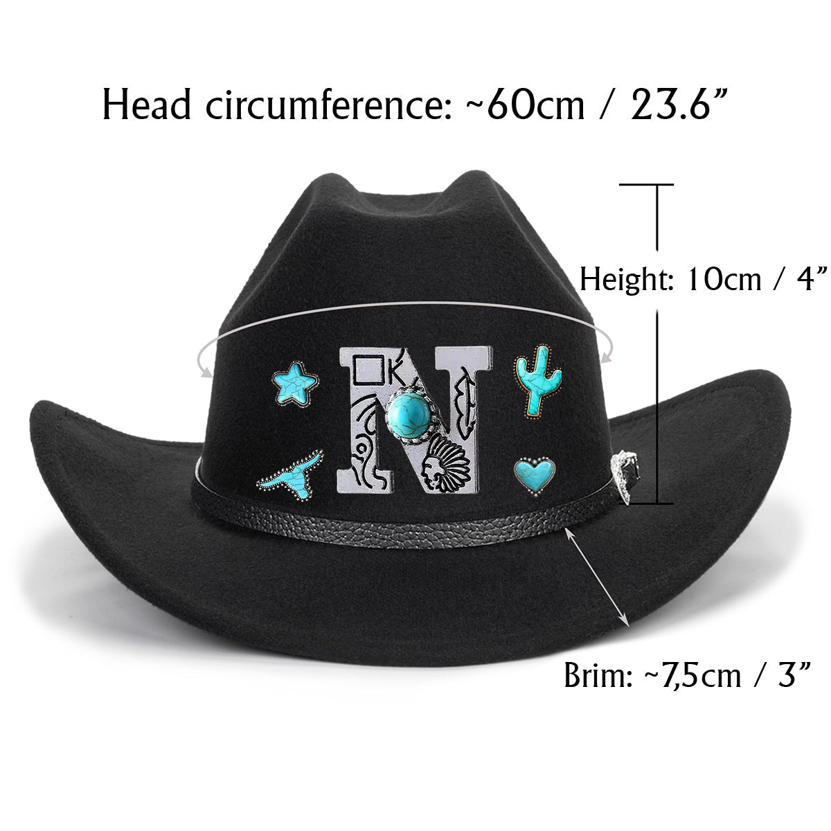 Western Style Initial Letter - Personalized Cowgirl Wide Brim Cowboy Hat