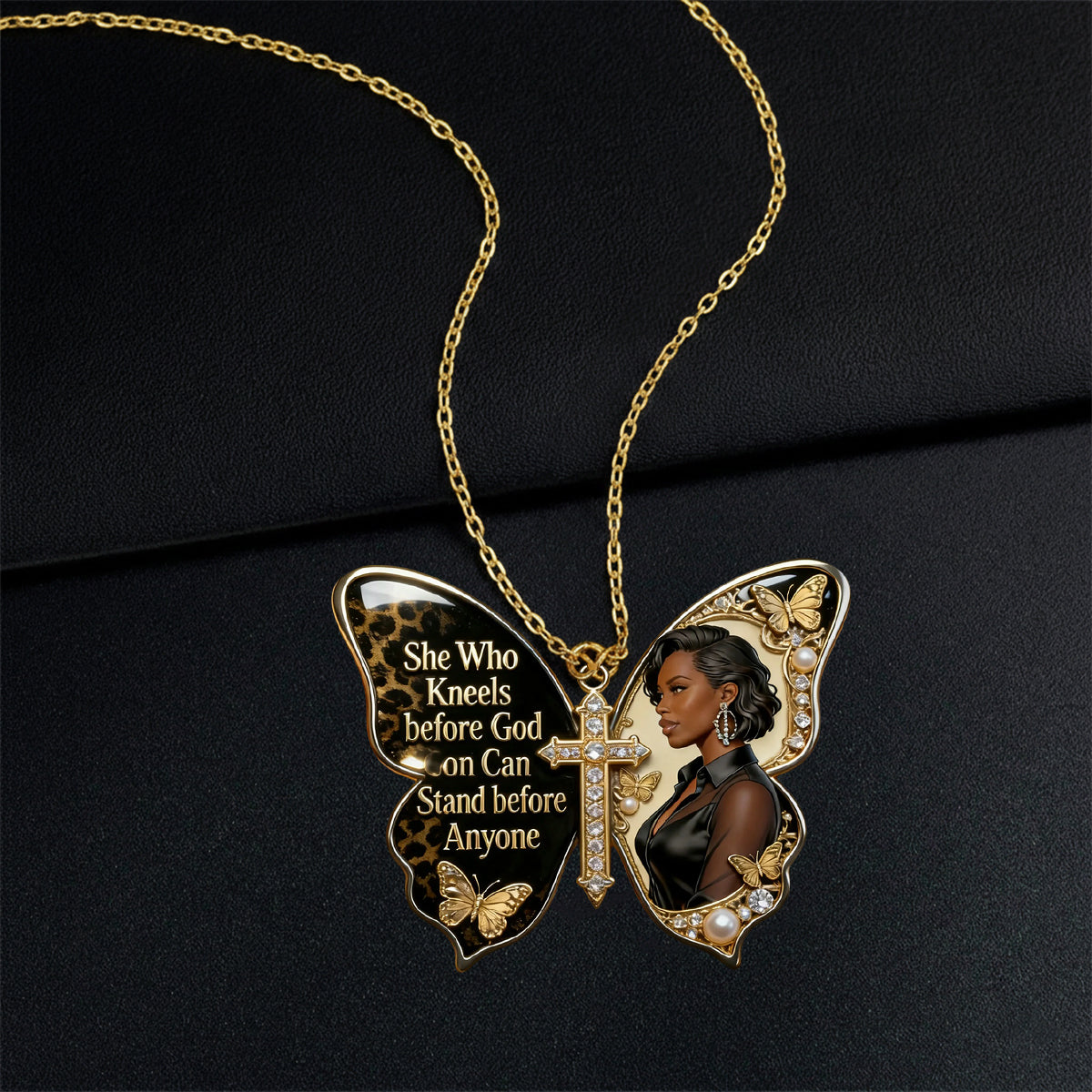 She Who Kneels Before God Can Stand Before Anyone - Personalized African American Shaped Metal Pendant Necklace