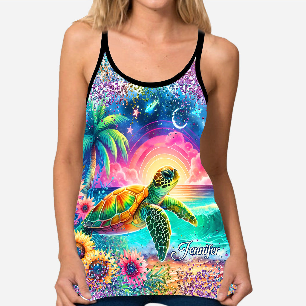 Sea Turtle Sunflower - Personalized Turtle Cross Tank Top and Leggings