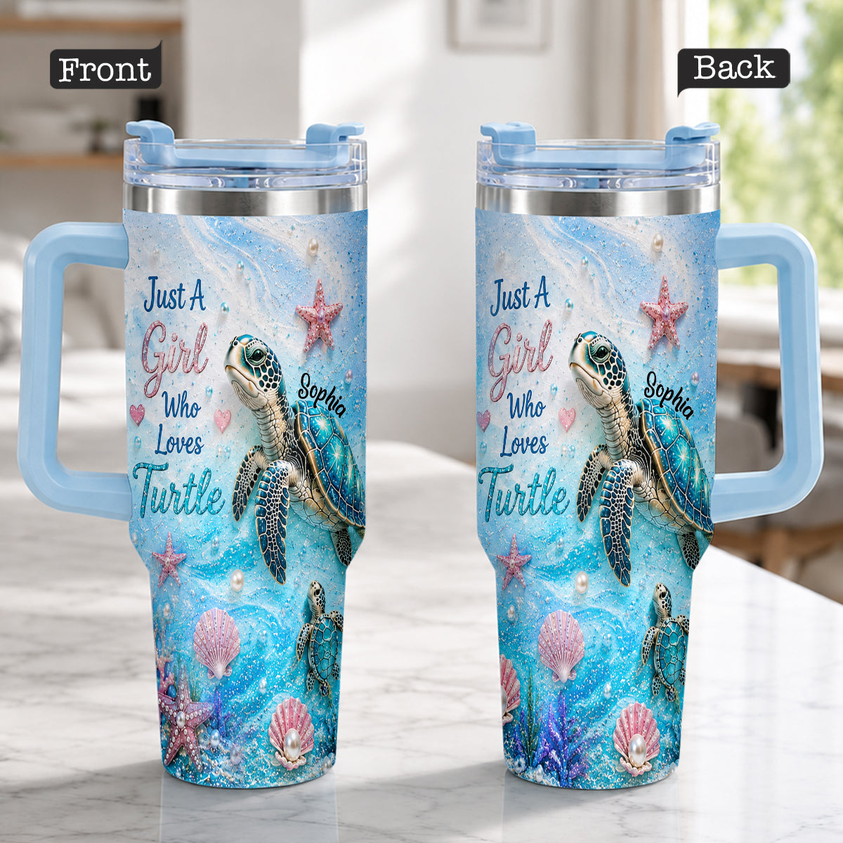 Love Turtle - Personalized Turtle Handle Tumbler With Charms