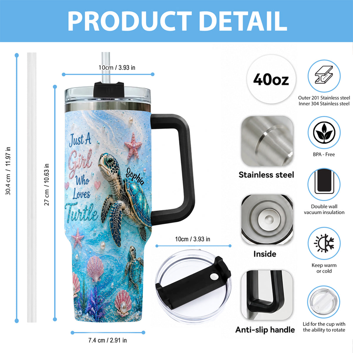 Love Turtle - Personalized Turtle Handle Tumbler With Charms