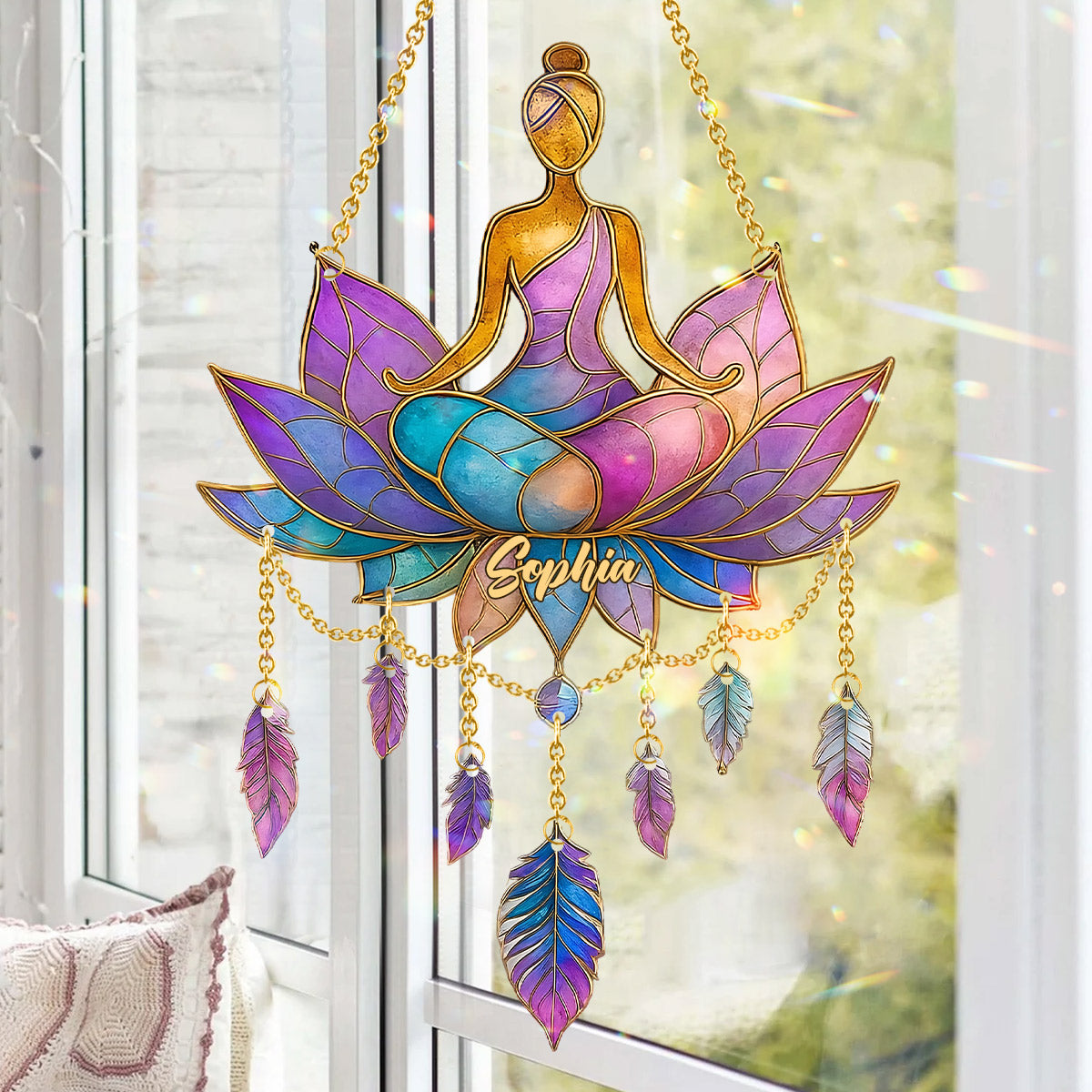 Meditation Time - Personalized Yoga Window Hanging Suncatcher With Charms