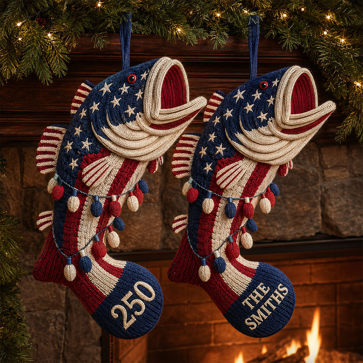 250 Years Gift For Fishing Lovers - Personalized Fishing Shaped Christmas Stocking