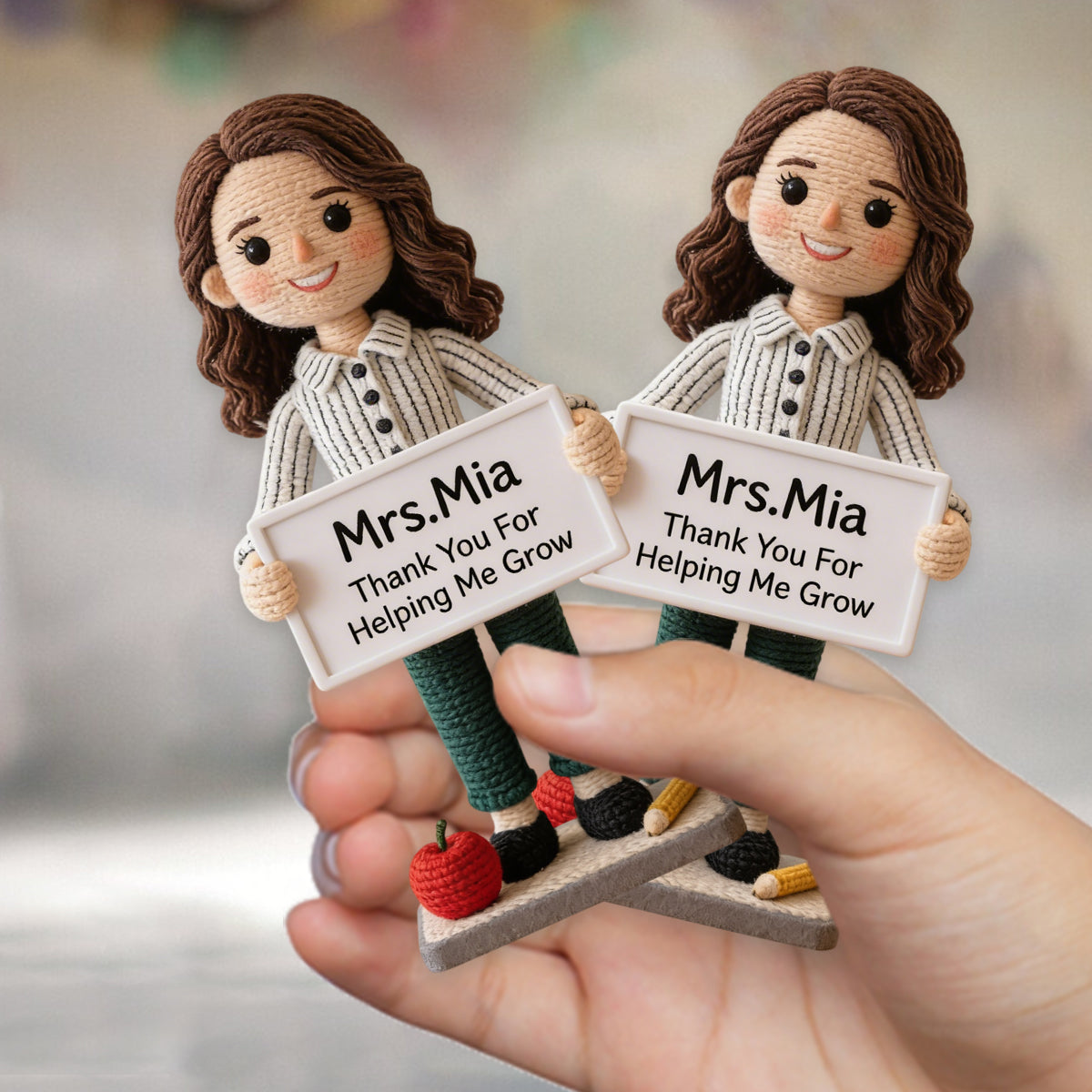 Thank You For Helping Me Grow - Personalized Teacher Hand Knitted Figurine