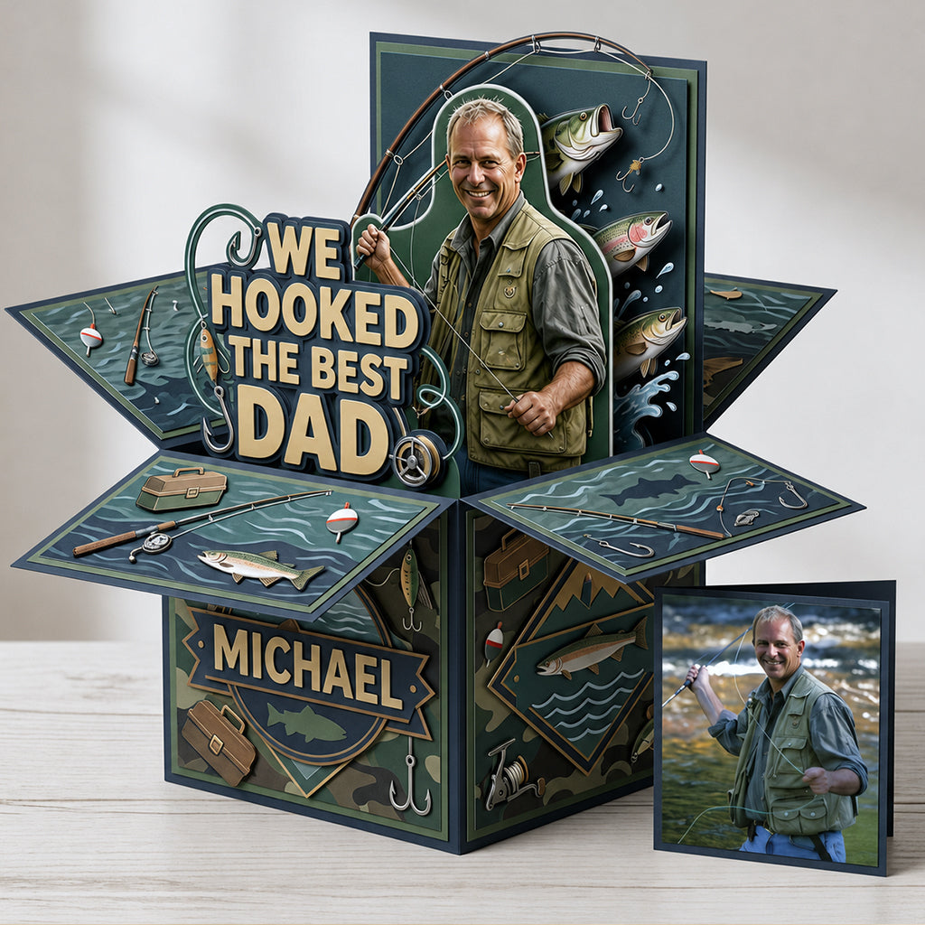 We Hooked The Best Dad - Personalized Father Pop Up Box Card