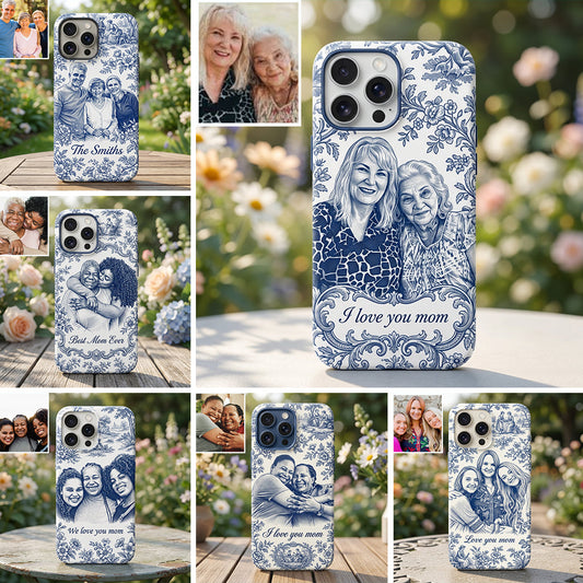 Mother Gift Idea, Blue Toile De Jouy Pattern - Personalized Mother 3D Embossed Leather Phone Case