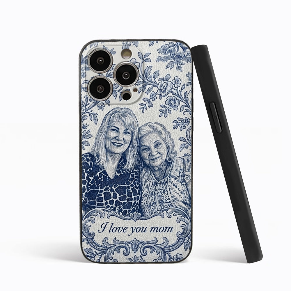 Mother Gift Idea, Blue Toile De Jouy Pattern - Personalized Mother 3D Embossed Leather Phone Case