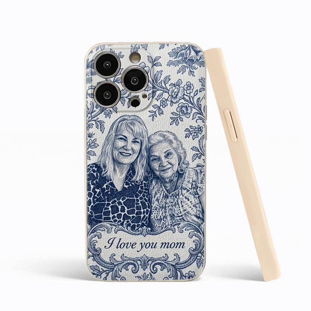 Mother Gift Idea, Blue Toile De Jouy Pattern - Personalized Mother 3D Embossed Leather Phone Case