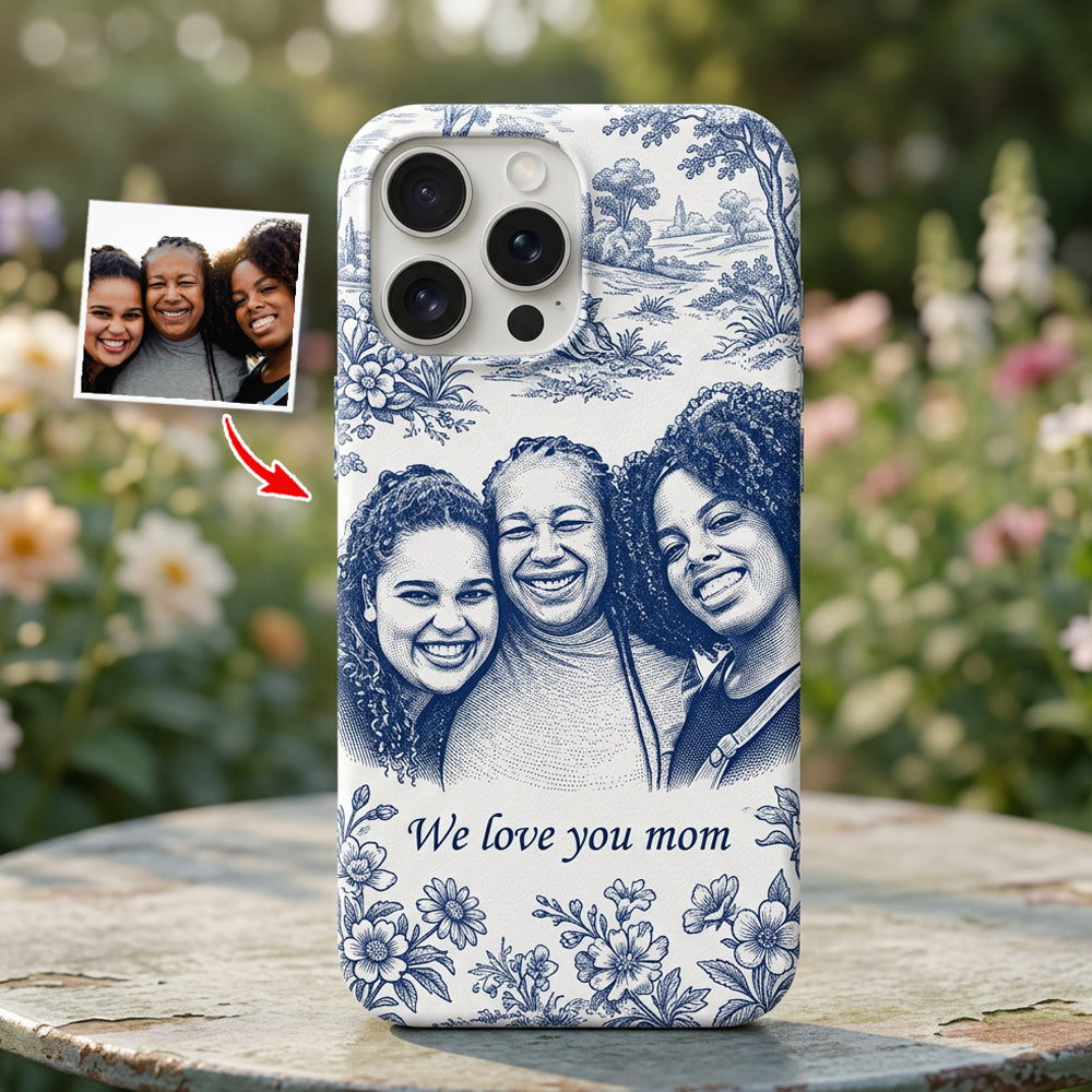 Mother Gift Idea, Blue Toile De Jouy Pattern - Personalized Mother 3D Embossed Leather Phone Case