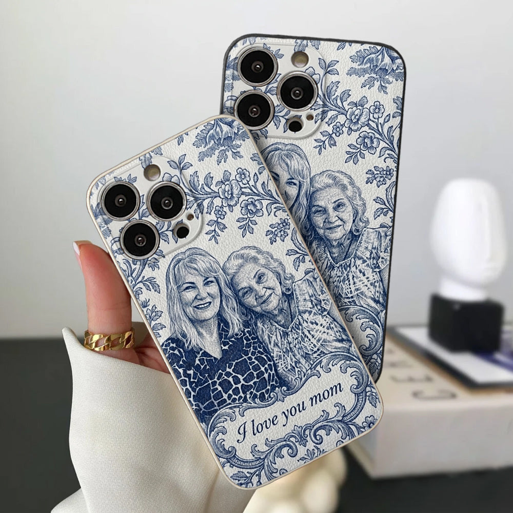 Mother Gift Idea, Blue Toile De Jouy Pattern - Personalized Mother 3D Embossed Leather Phone Case