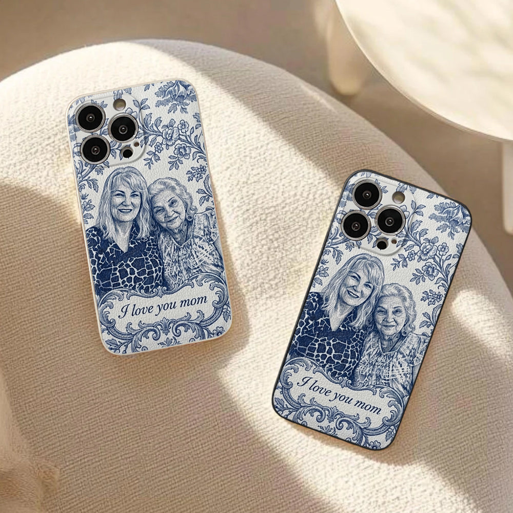 Mother Gift Idea, Blue Toile De Jouy Pattern - Personalized Mother 3D Embossed Leather Phone Case