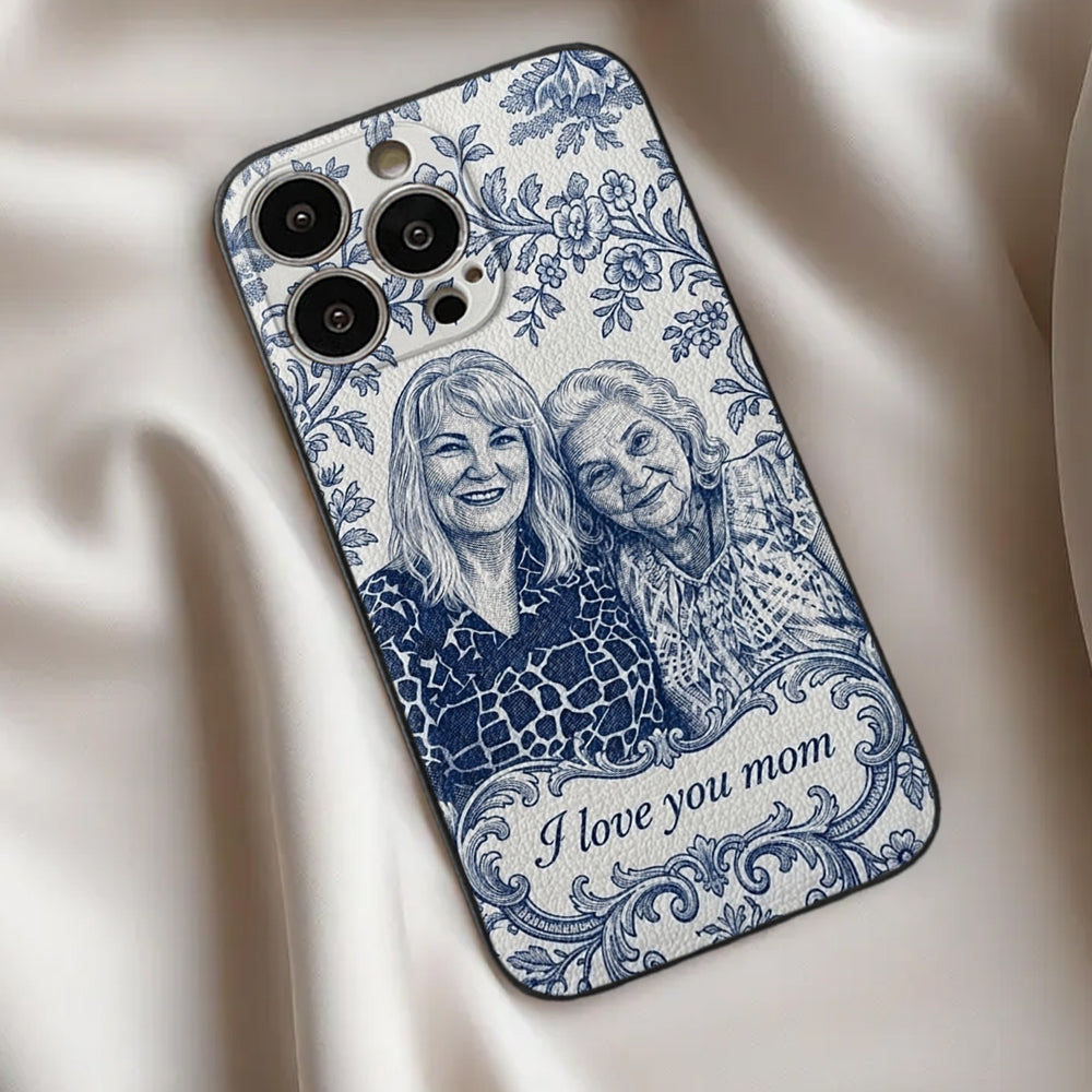 Mother Gift Idea, Blue Toile De Jouy Pattern - Personalized Mother 3D Embossed Leather Phone Case