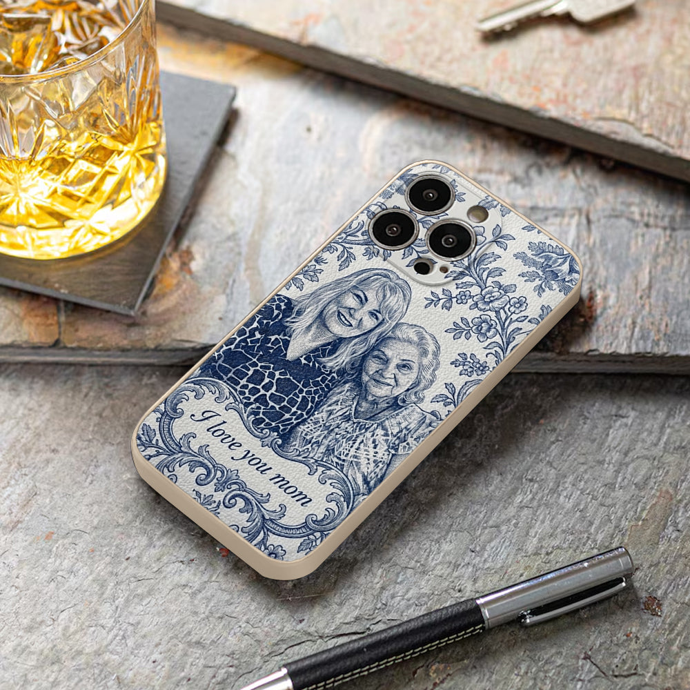 Mother Gift Idea, Blue Toile De Jouy Pattern - Personalized Mother 3D Embossed Leather Phone Case