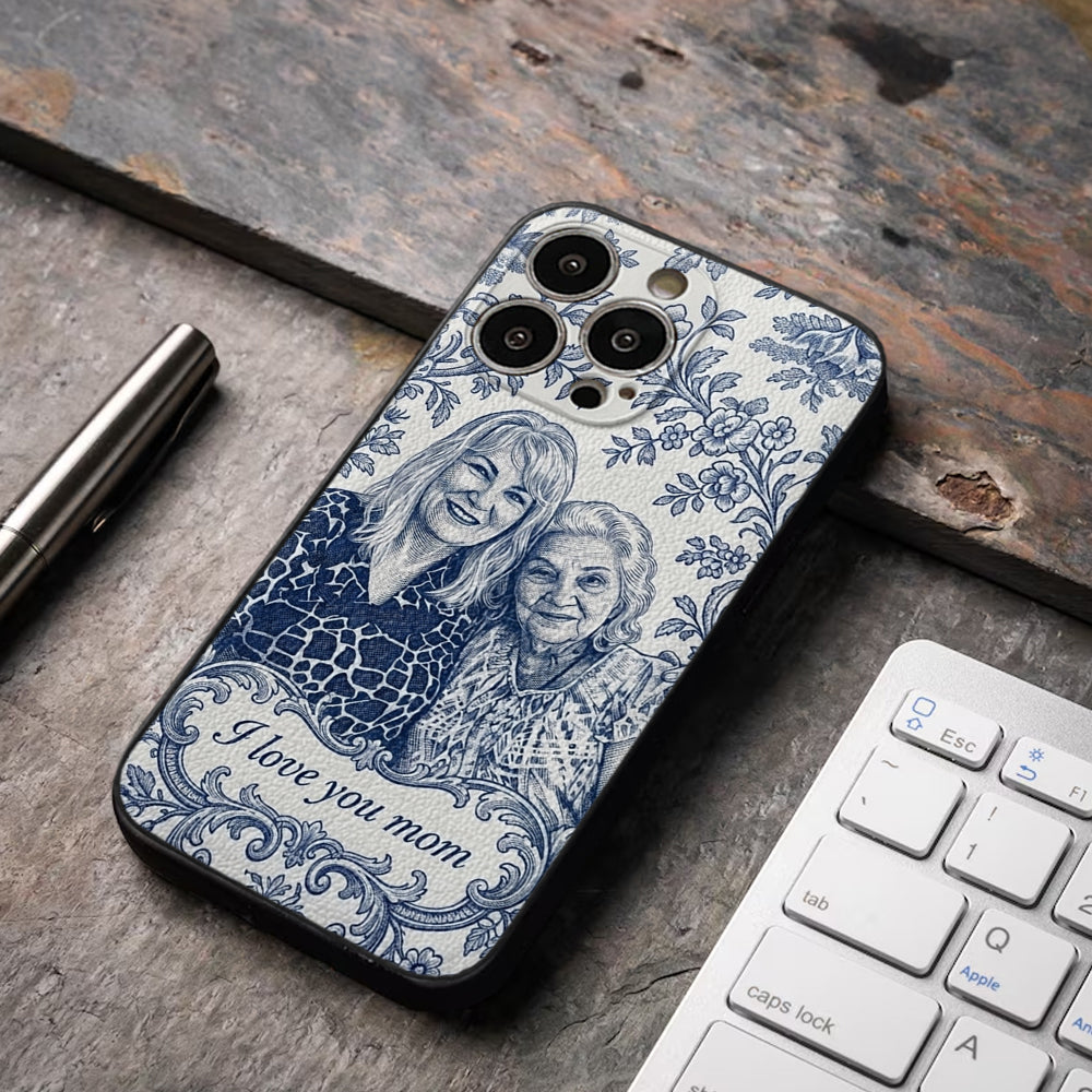 Mother Gift Idea, Blue Toile De Jouy Pattern - Personalized Mother 3D Embossed Leather Phone Case