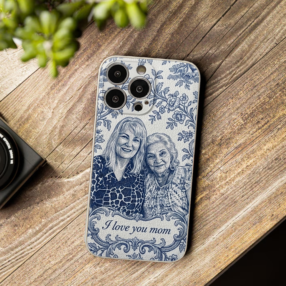 Mother Gift Idea, Blue Toile De Jouy Pattern - Personalized Mother 3D Embossed Leather Phone Case