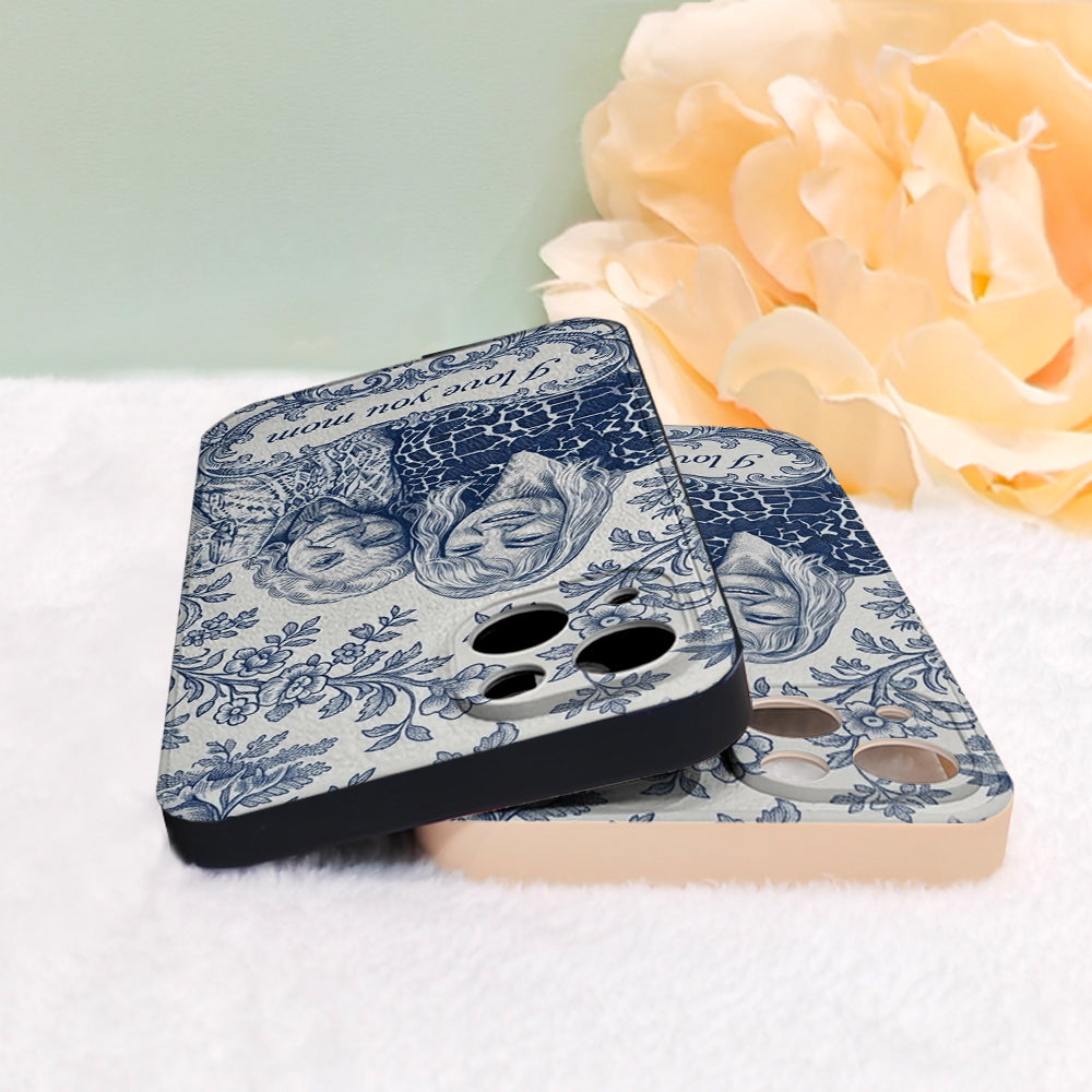 Mother Gift Idea, Blue Toile De Jouy Pattern - Personalized Mother 3D Embossed Leather Phone Case