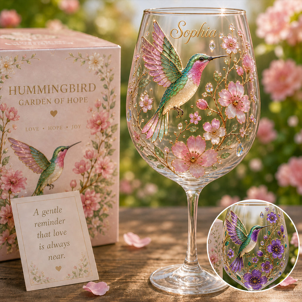 Pink Floral Hummingbird - Personalized Hummingbird Wine Glass With Long Stem