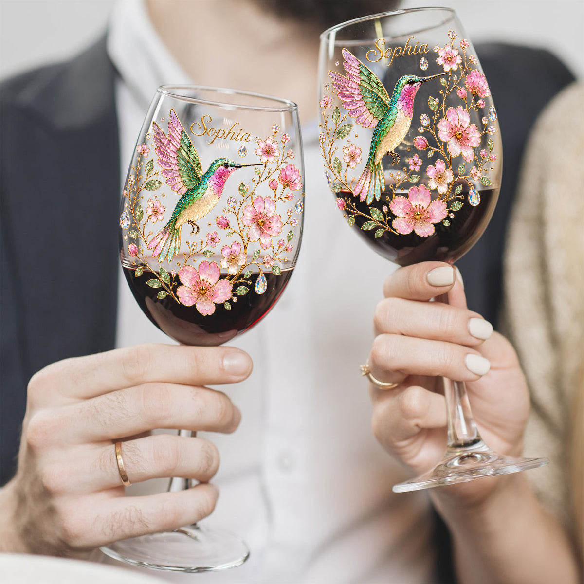 Pink Floral Hummingbird - Personalized Hummingbird Wine Glass With Long Stem