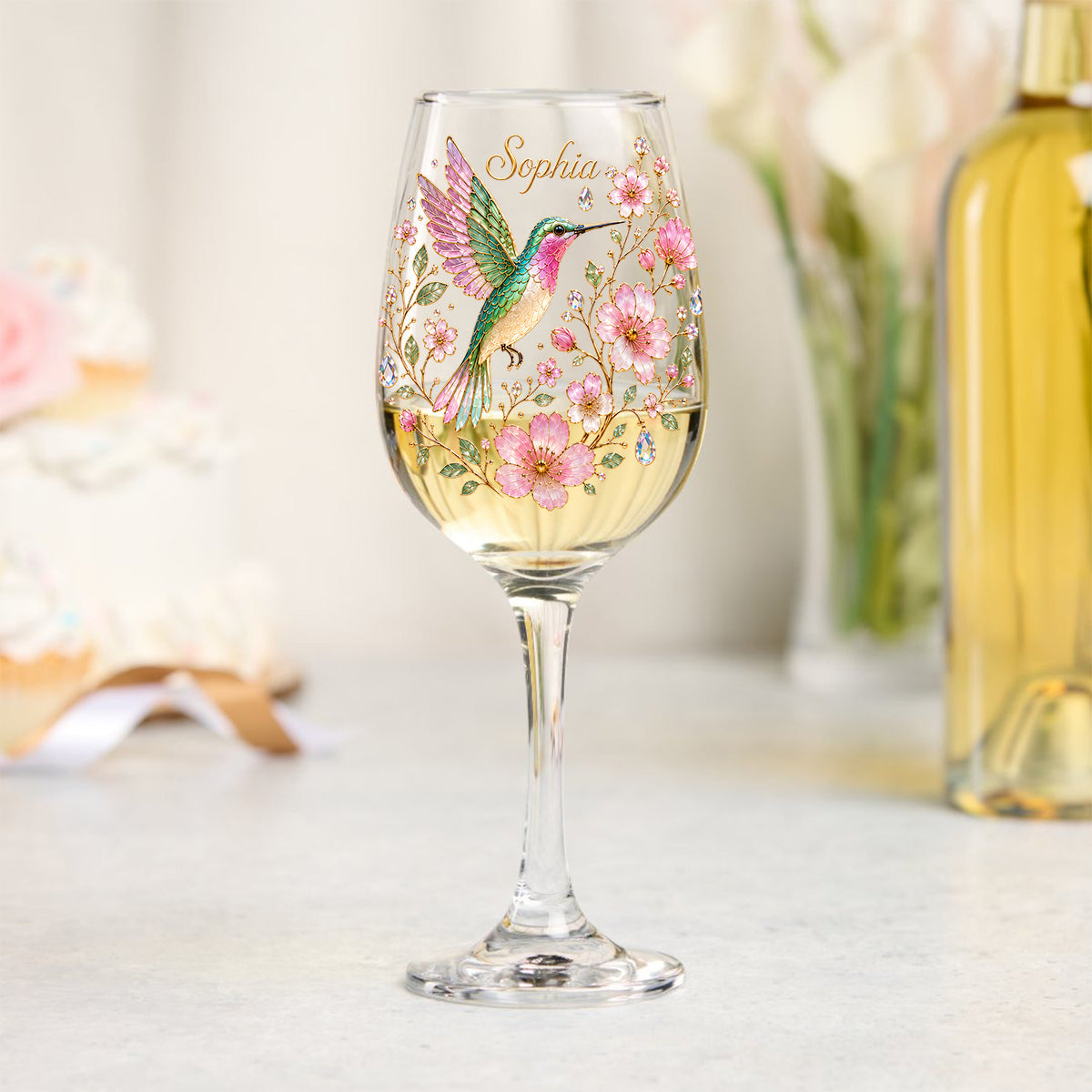 Pink Floral Hummingbird - Personalized Hummingbird Wine Glass With Long Stem