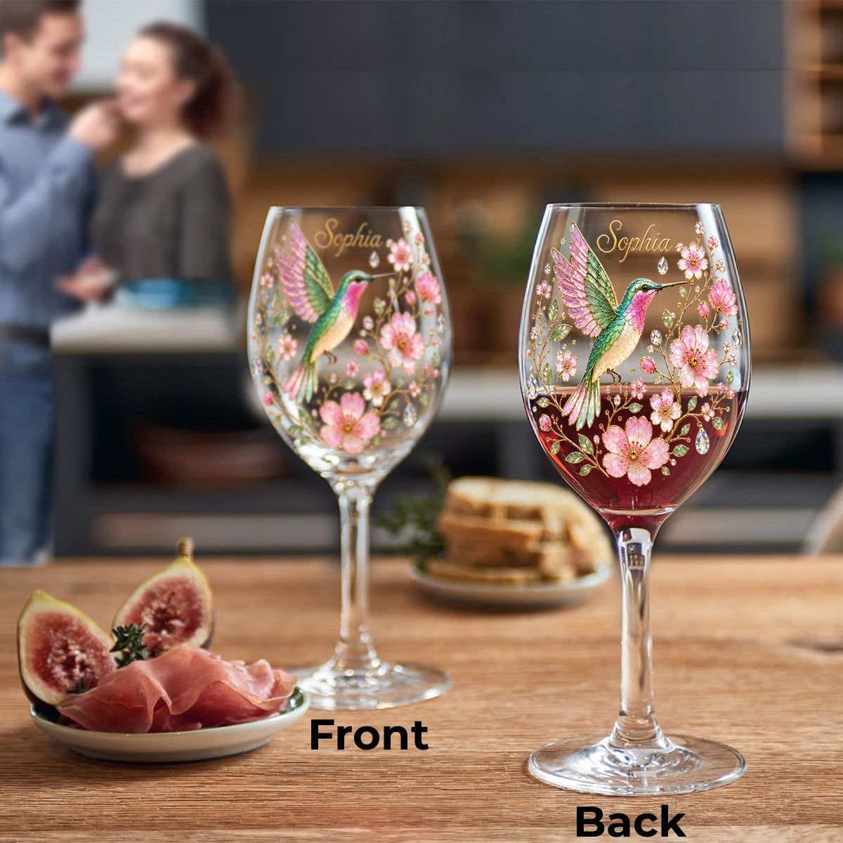 Pink Floral Hummingbird - Personalized Hummingbird Wine Glass With Long Stem