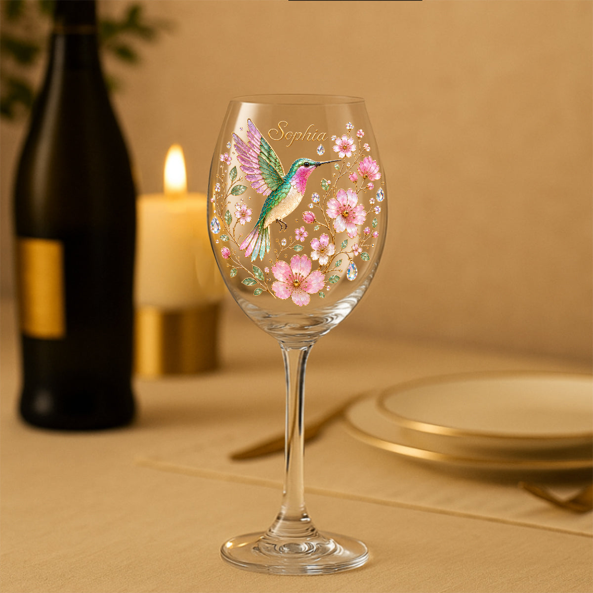 Pink Floral Hummingbird - Personalized Hummingbird Wine Glass With Long Stem