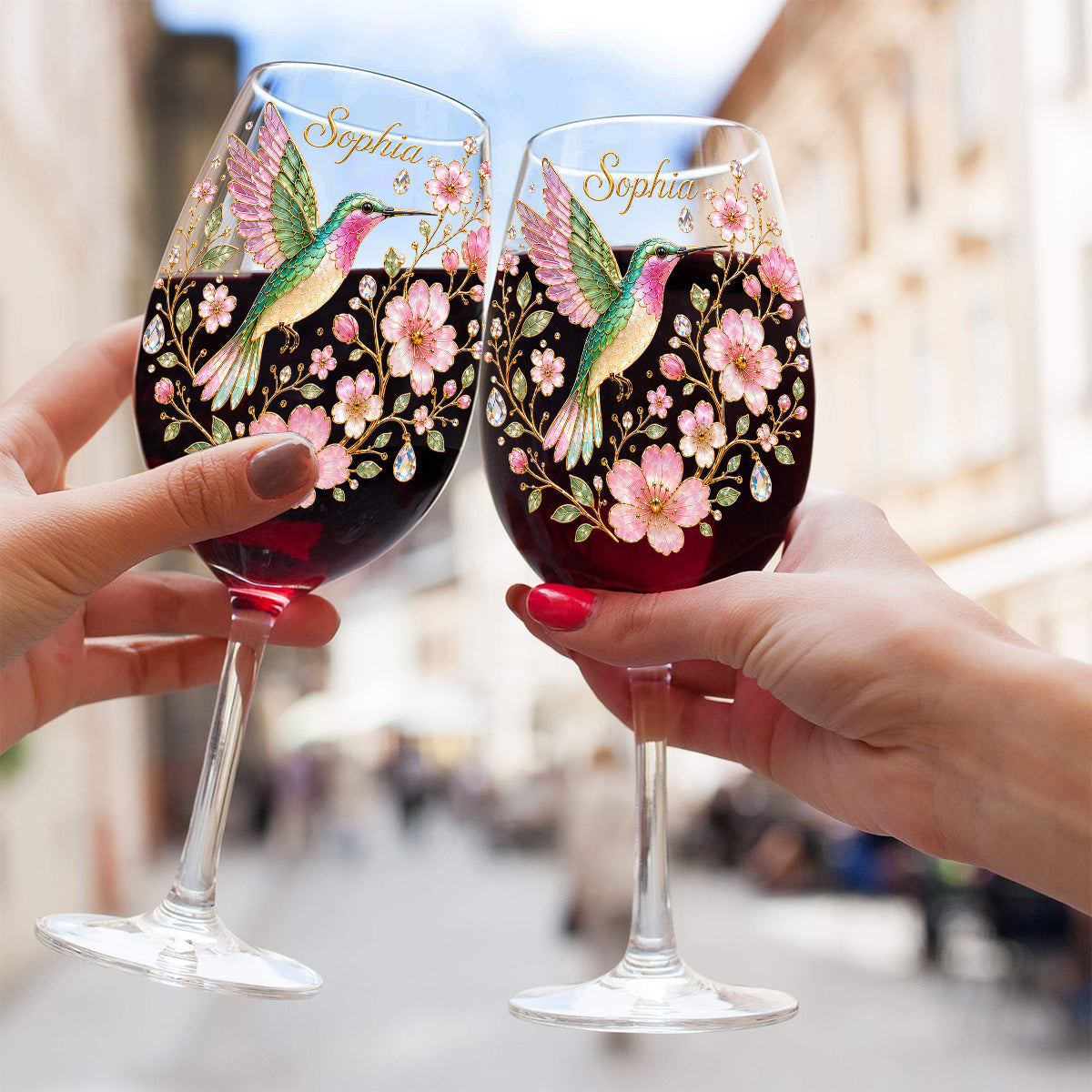 Pink Floral Hummingbird - Personalized Hummingbird Wine Glass With Long Stem