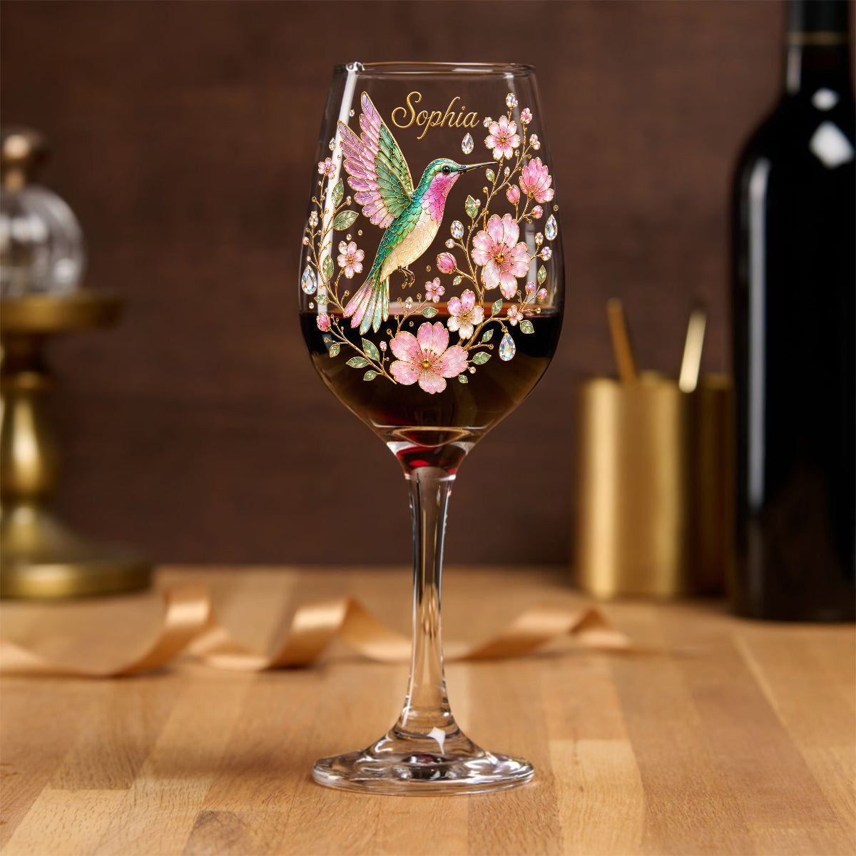Pink Floral Hummingbird - Personalized Hummingbird Wine Glass With Long Stem
