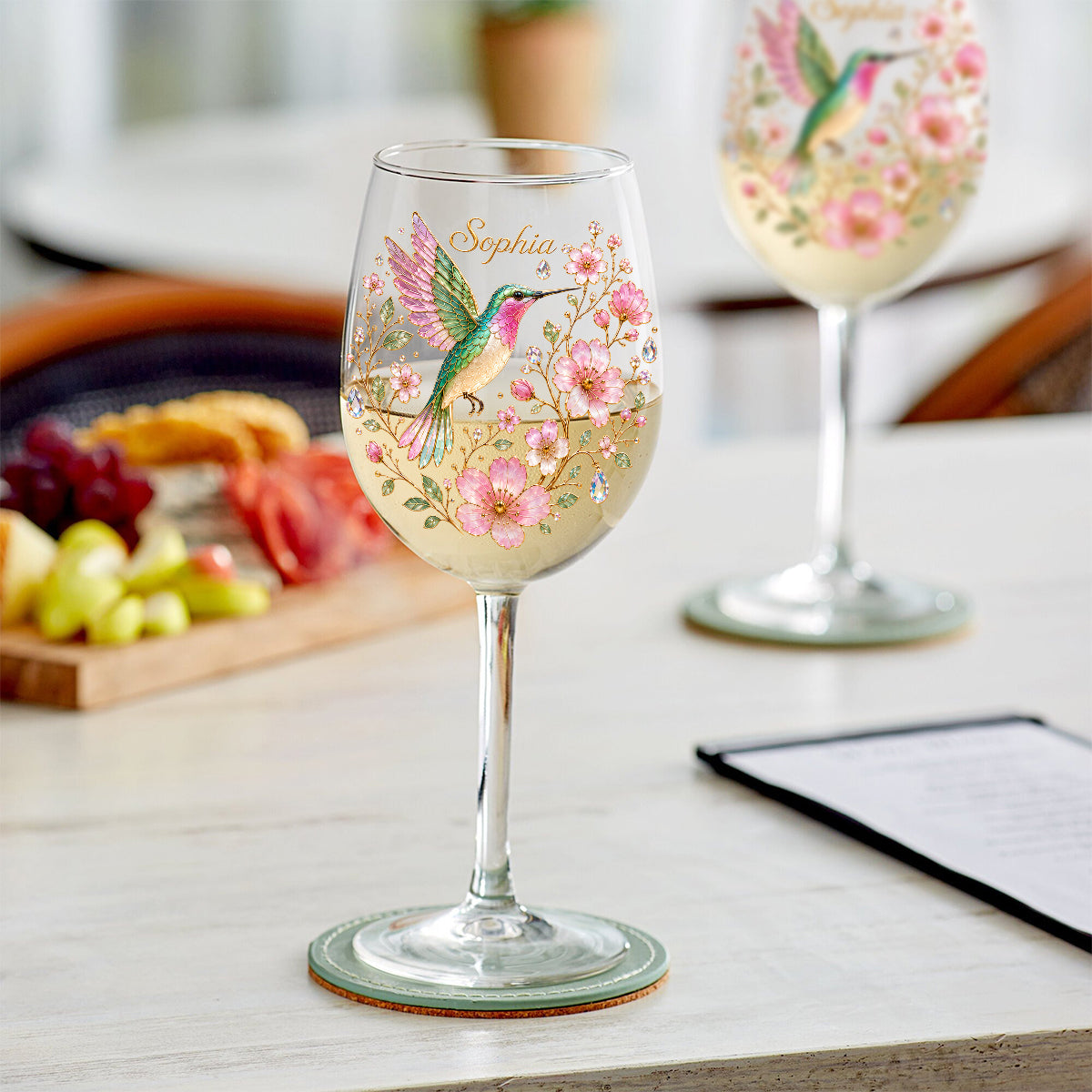 Pink Floral Hummingbird - Personalized Hummingbird Wine Glass With Long Stem