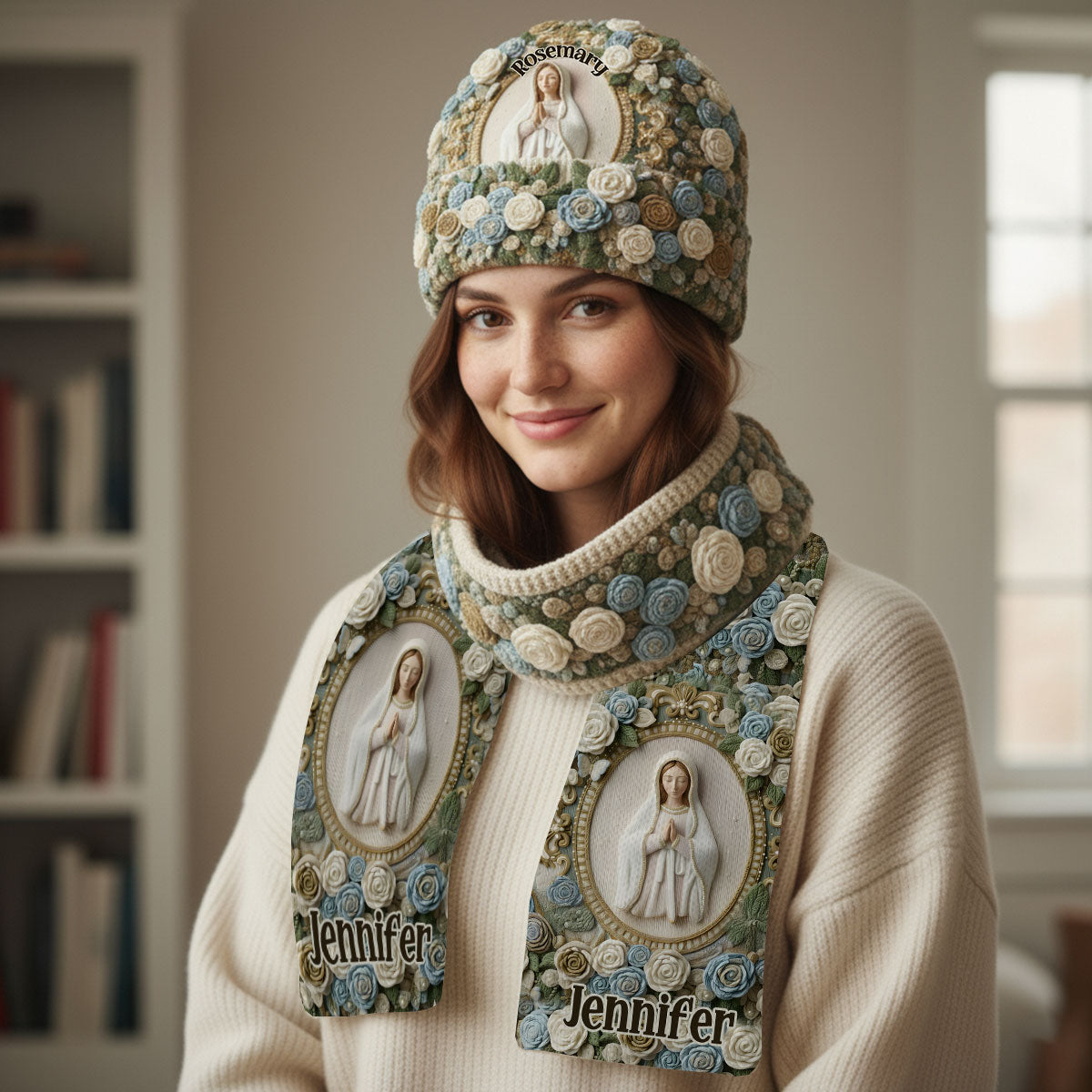 Our Lady's Rose - Personalized Christian Knitted Beanie Hat and Scarf Set