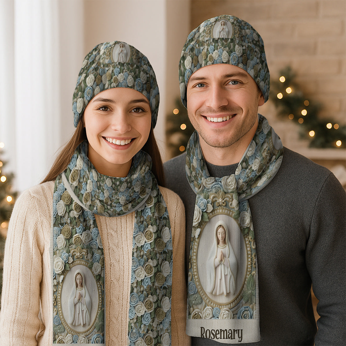 Our Lady's Rose - Personalized Christian Knitted Beanie Hat and Scarf Set