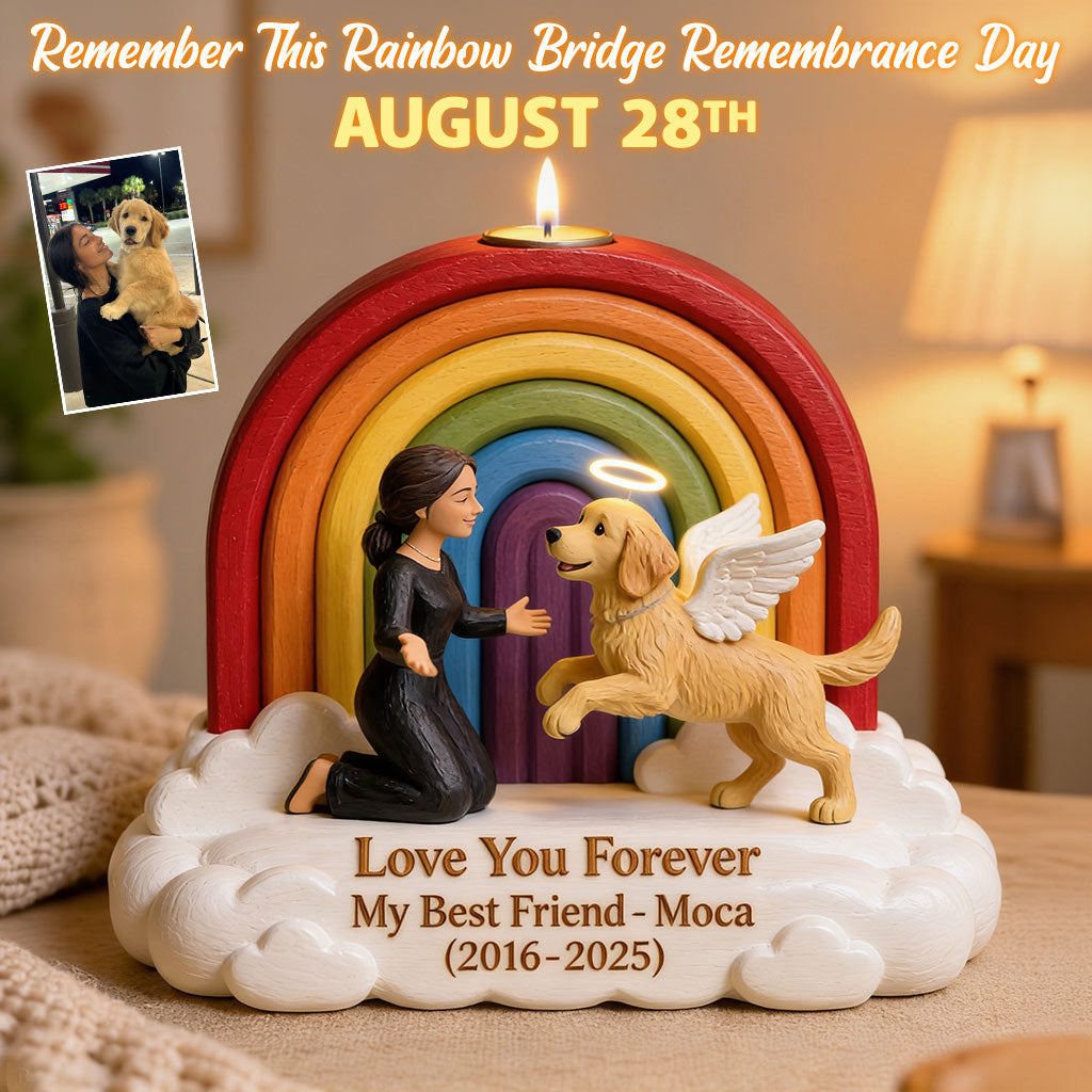 Remember This Rainbow Bridge Remembrance Day - Personalized Dog Custom Shape Wooden Candle Holder