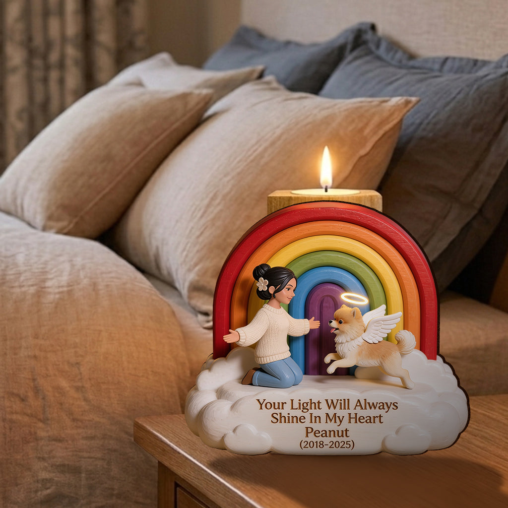 Remember This Rainbow Bridge Remembrance Day - Personalized Dog Custom Shape Wooden Candle Holder