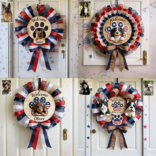 Welcome - Personalized Dog Shaped Wood Sign With Sash