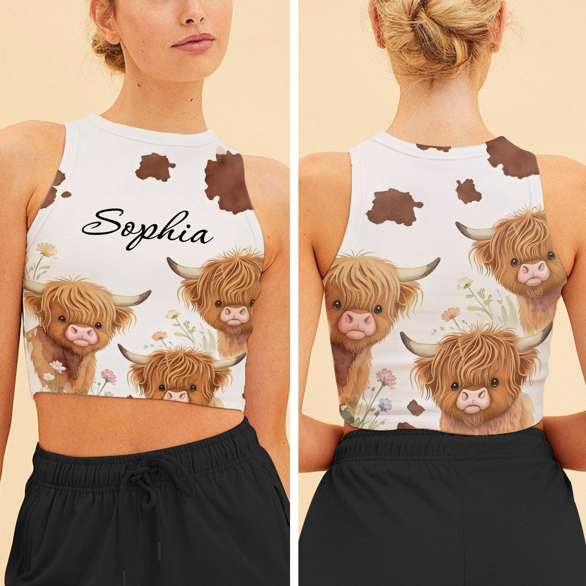 Love Highland Cows - Personalized Highland Cow Flare Leggings & Crop Tanktop