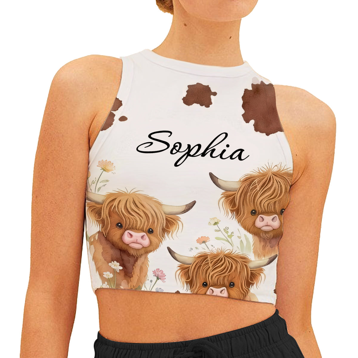 Love Highland Cows - Personalized Highland Cow Flare Leggings & Crop Tanktop