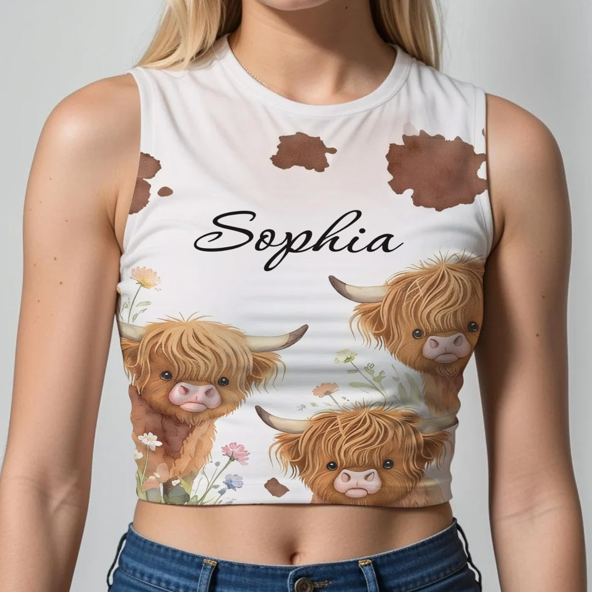 Love Highland Cows - Personalized Highland Cow Flare Leggings & Crop Tanktop