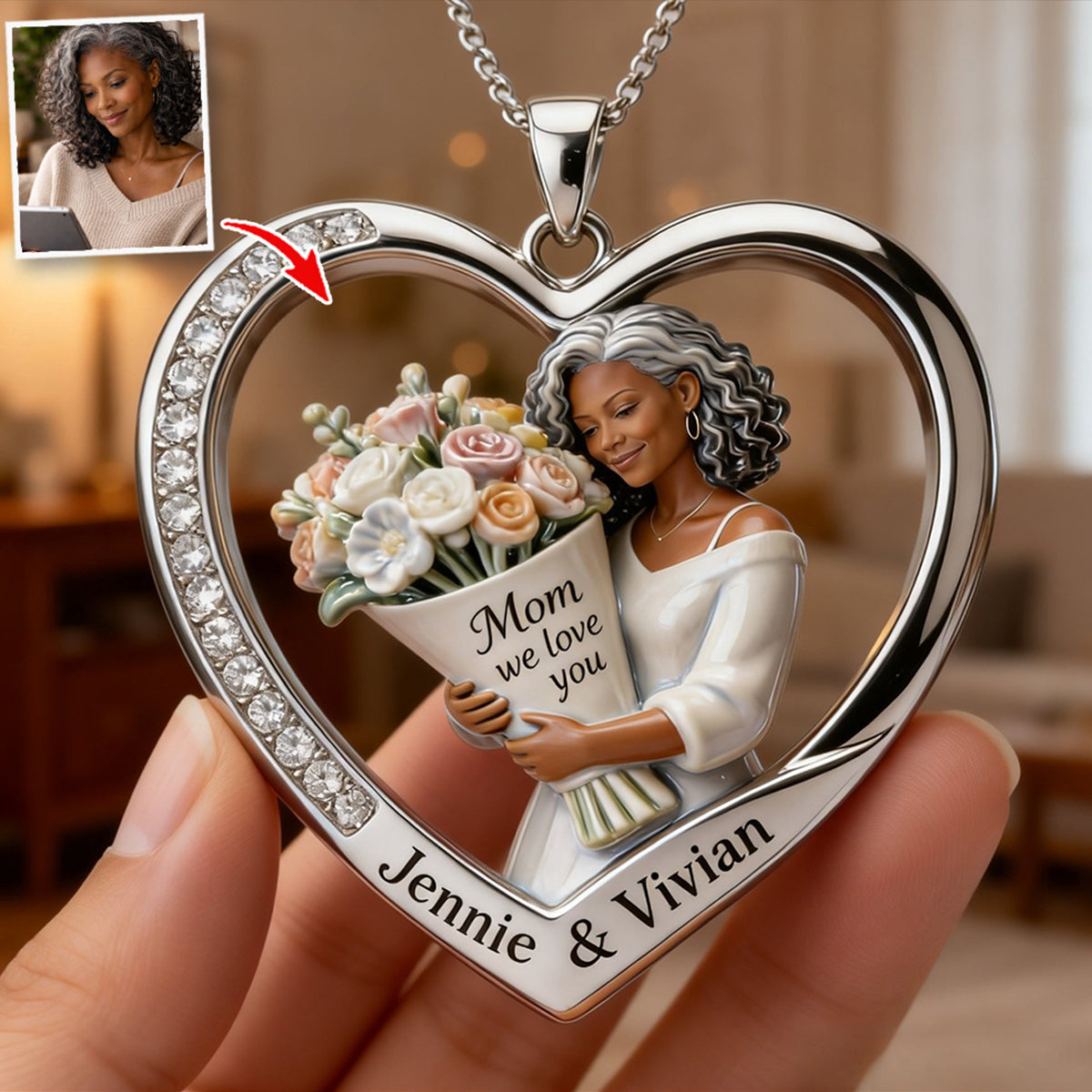 Mother's Day Flower Hug Necklace - Personalized Mother Shaped Metal Pendant Necklace