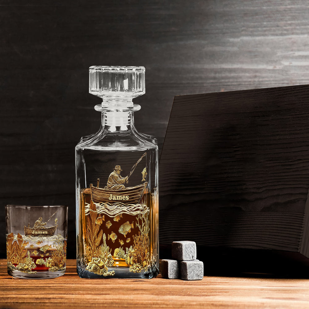 Personalized Fishing Whiskey Bottle and Glass Set - Personalized Fishing Whiskey Decanter Set