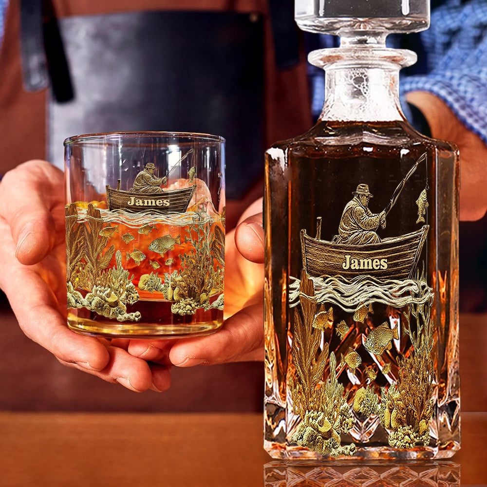 Personalized Fishing Whiskey Bottle and Glass Set - Personalized Fishing Whiskey Decanter Set