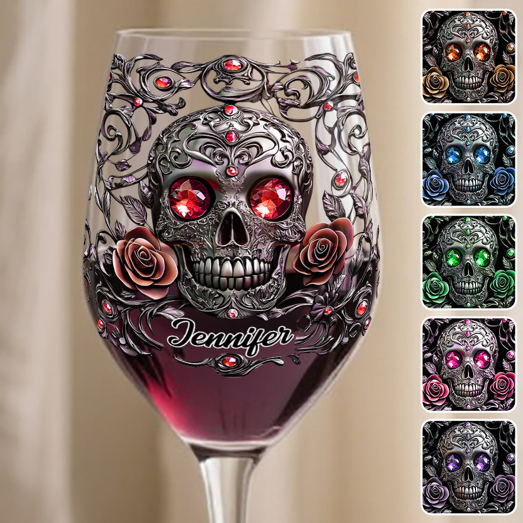 Skull, Wine, & Roses - Personalized Wine Wine Glass With Long Stem