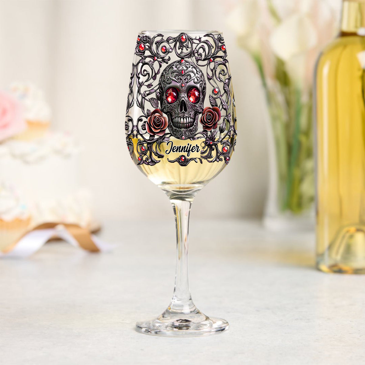 Skull, Wine, & Roses - Personalized Wine Wine Glass With Long Stem