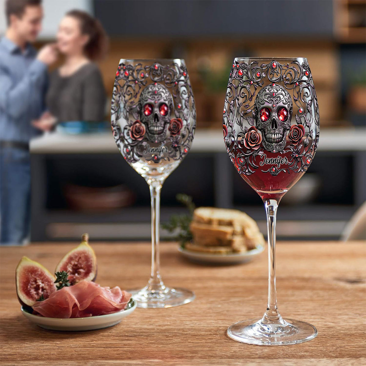 Skull, Wine, & Roses - Personalized Wine Wine Glass With Long Stem