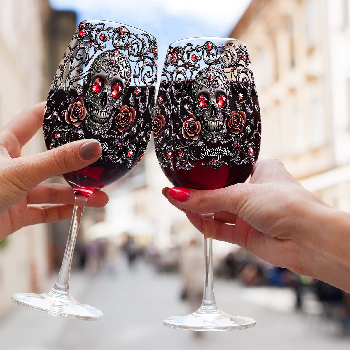 Skull, Wine, & Roses - Personalized Wine Wine Glass With Long Stem
