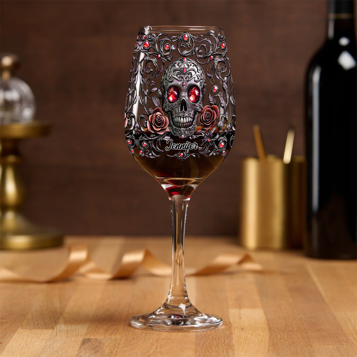 Skull, Wine, & Roses - Personalized Wine Wine Glass With Long Stem
