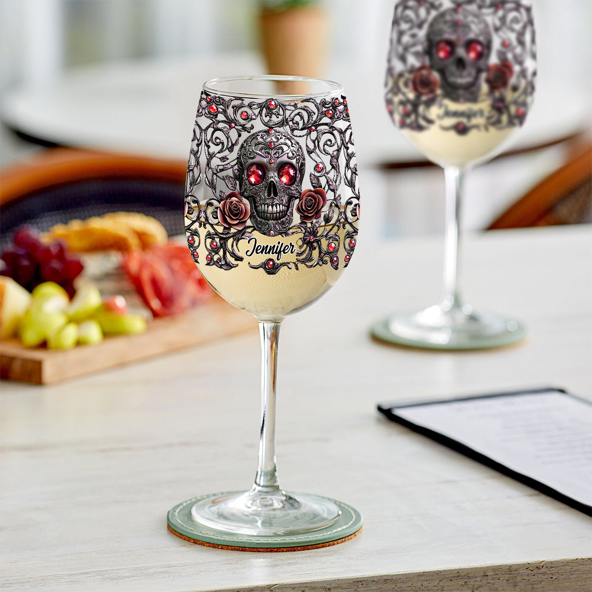 Skull, Wine, & Roses - Personalized Wine Wine Glass With Long Stem
