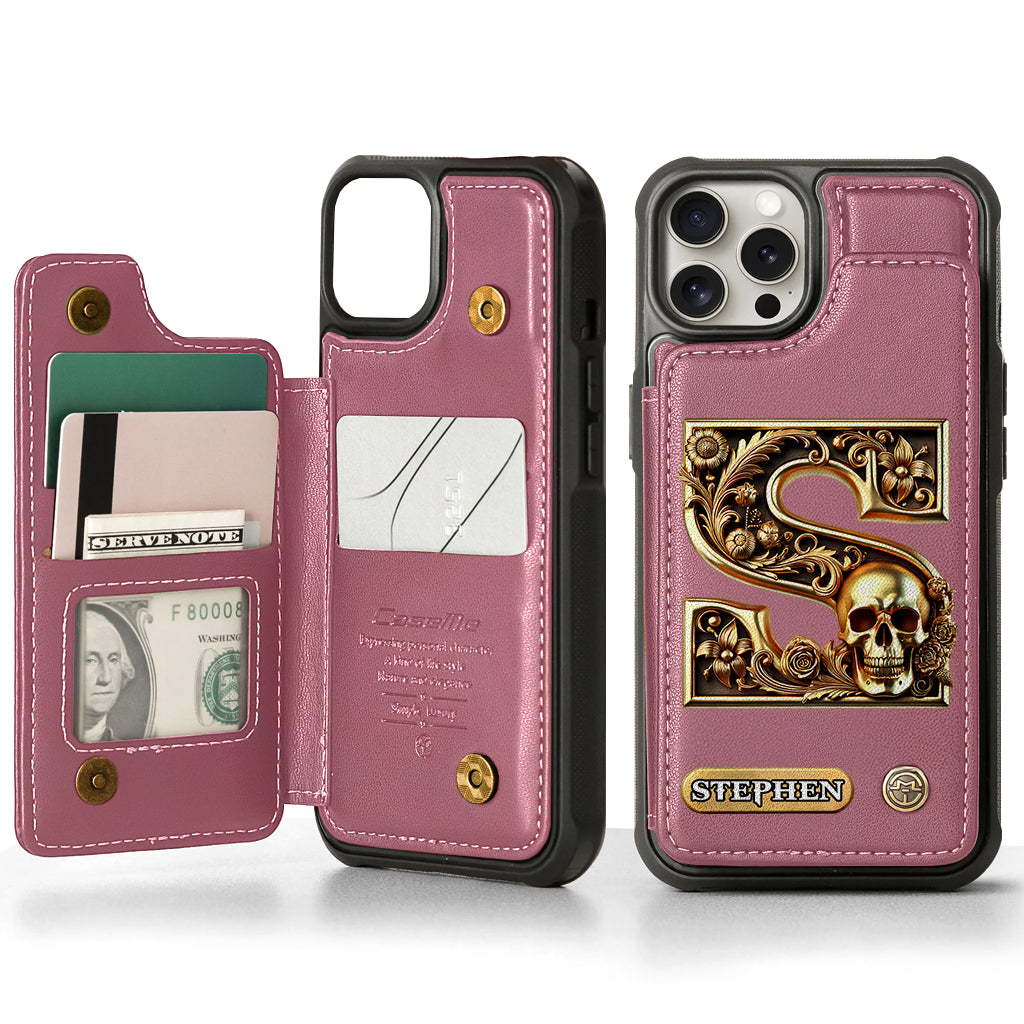 Skull Name Initial Letter - Personalized Skull Wallet Phone Case
