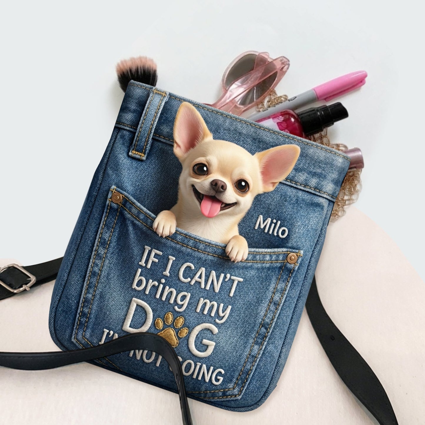 Pet In Jean Pocket - Personalized Dog Plush Crossbag